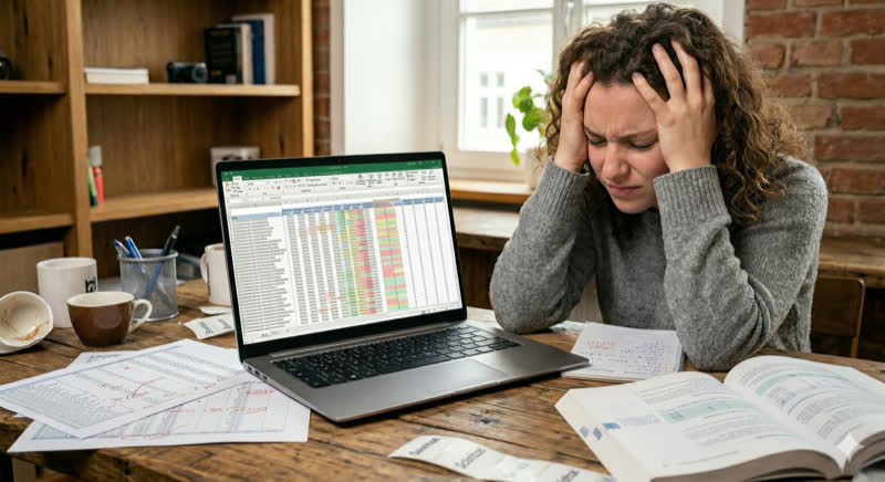 Frau verzweifelt vor einer Excel-Tabelle am Laptop