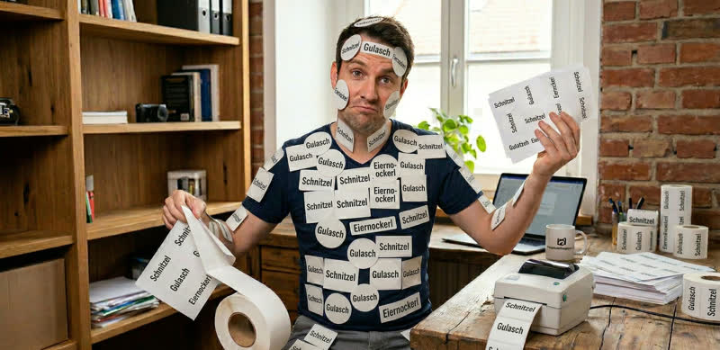 Mann beklebt mit Essensetiketten wie Schnitzel, Gulasch und Eiernockerl